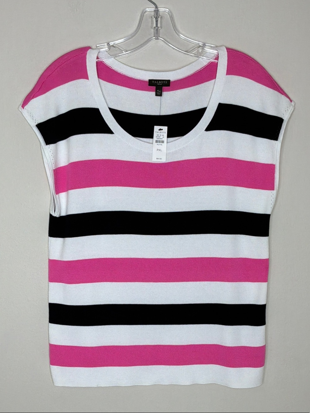 Talbots Pink, Black & White Striped Cap-Sleeve Knit Top PXL